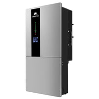 A sleek, modern 11.4KW Hybrid Inverter by Sungold Power features a silver wall-mounted design with a vertical black panel, indicator lights, and screen—ideal for split phase solar energy conversion.