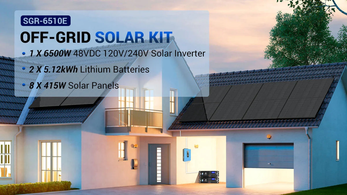 SUNGOLD POWER Off-Grid Solar Kit 6,500W 48VDC 120/240VAC OUTPUT 10.24KWH Lithium Battery 8 X 415W Solar Panels SGR-6510E