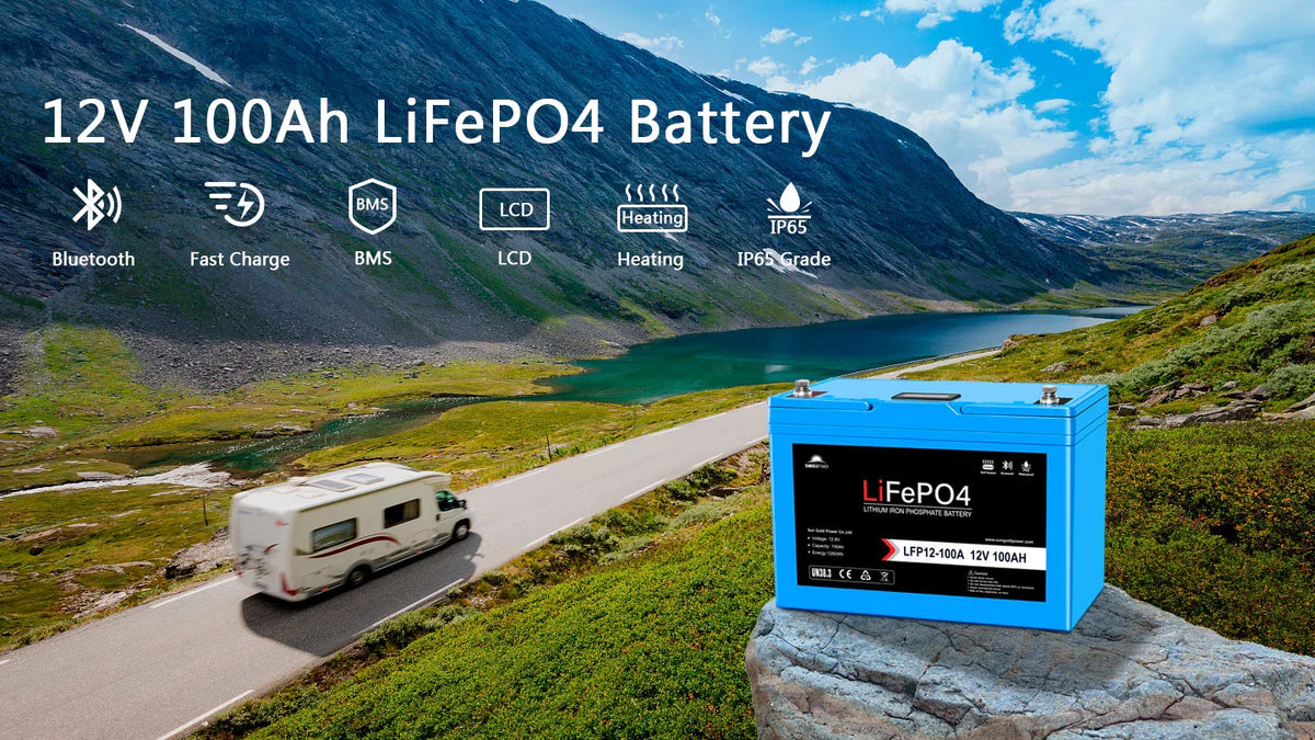 2 x SUNGOLDPOWER 12V 100AH LIFEPO4 DEEP CYCLE LITHIUM BATTERIES / BLUETOOTH /SELF-HEATING / IP65