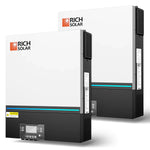 Two white and black rectangular Rich Solar pure sine wave inverters with digital displays, vents, and detachable LCD control modules are shown side by side against a plain background.