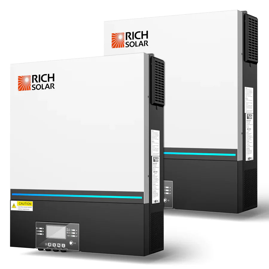 Two white and black rectangular Rich Solar pure sine wave inverters with digital displays, vents, and detachable LCD control modules are shown side by side against a plain background.