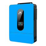 A blue Sungold Power inverter with a black display screen, control buttons, and digital readings—ideal for Off-Grid Solar Systems—shown against a white background.
