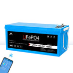 A blue Sungold Power LiFePO4 battery (LFP24-100A, 24V 100Ah) sits on a white background, ideal for off-grid systems with a 3000W solar inverter. Smartphone connectivity is indicated by a blue Bluetooth icon and phone illustration.