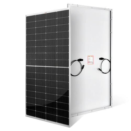 A rectangular Rich Solar panel stands upright with black photovoltaic cells under anti-reflective glass on the front, and a white back featuring electrical cables and a warning label.