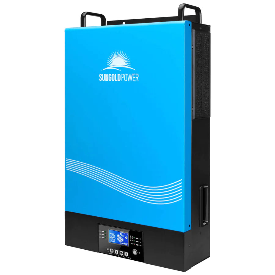 A blue and black Sungold Power solar inverter with a sun logo and wave pattern on top, display screen and control buttons on the lower front panel, featuring advanced MPPT solar charger technology for optimal efficiency.