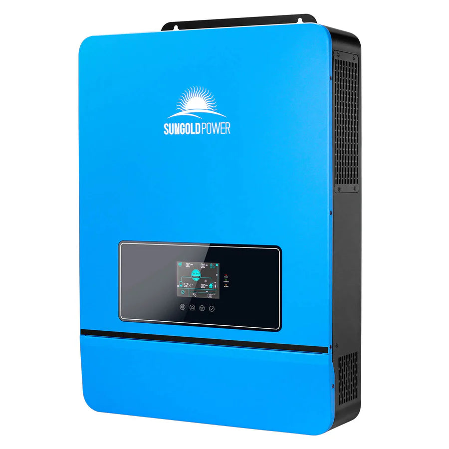A blue Sungold Power solar inverter with a digital display and front control buttons, designed for solar power systems, making it ideal for clean energy setups or pairing with solar panels.