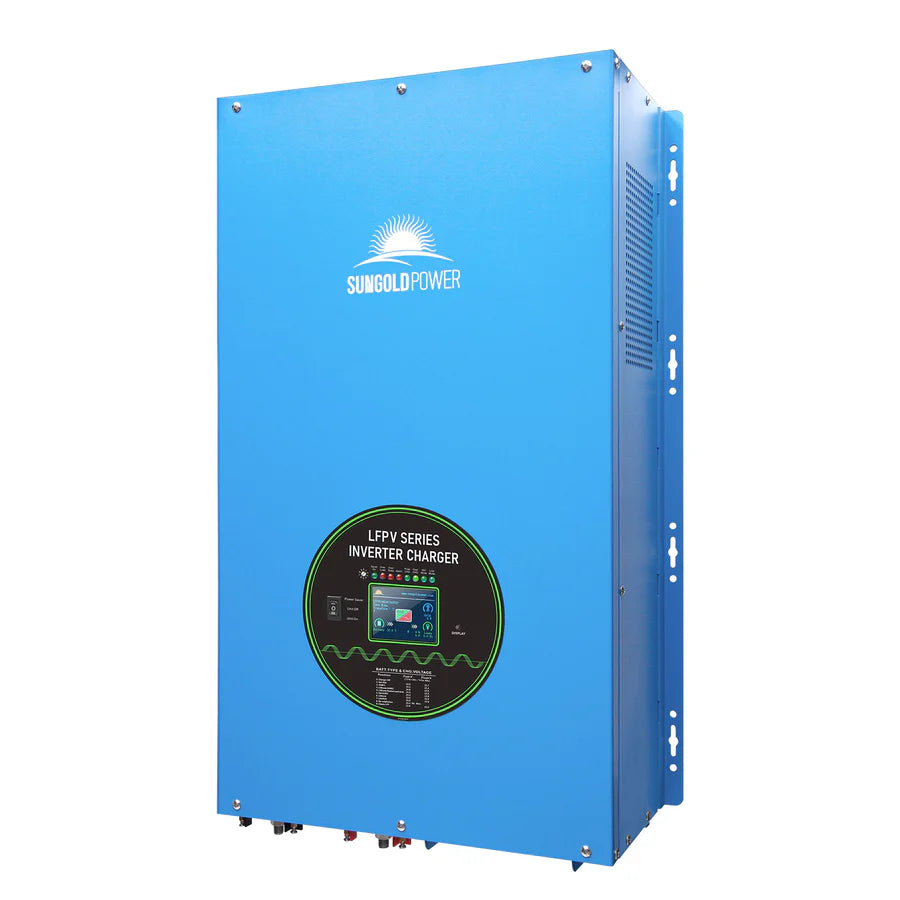 A blue Sungold Power LFPU series split-phase inverter charger, vertically mounted with a digital display and control panel, offers multiple bottom ports and advanced MPPT functionality.