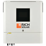 A white rectangular Rich Solar inverter with a central black display and logo beneath. It features built-in Wi-Fi for data logging. Multiple ports line the bottom, with a caution label in the lower left corner.