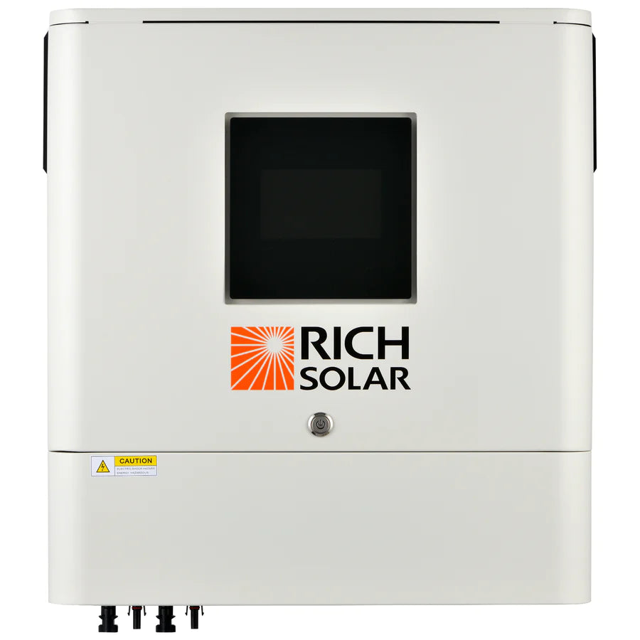 A white rectangular Rich Solar inverter with a central black display and logo beneath. It features built-in Wi-Fi for data logging. Multiple ports line the bottom, with a caution label in the lower left corner.