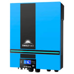 A Sungold Power blue solar inverter with a black vertical stripe, digital display, multiple buttons, and bottom connection ports delivers pure sine wave output for reliable solar power systems.