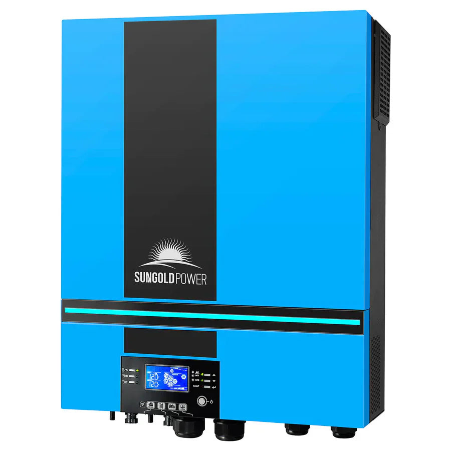 A Sungold Power blue solar inverter with a black vertical stripe, digital display, multiple buttons, and bottom connection ports delivers pure sine wave output for reliable solar power systems.