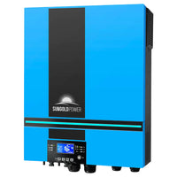 A Sungold Power blue solar inverter with a black vertical stripe, digital display, multiple buttons, and bottom connection ports delivers pure sine wave output for reliable solar power systems.