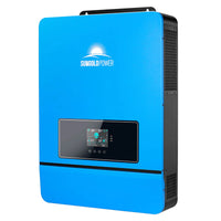 A blue Sungold Power solar inverter with a black display and front control buttons, ideal for off-grid solar setups, is mounted vertically on a white backdrop.