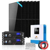 The Sungold Power SGR-5KE Solar Kit includes six large black solar panels, a blue and white inverter, two black battery units, red and black cables, mounting brackets, and screws—ideal for off-grid or renewable energy setups.