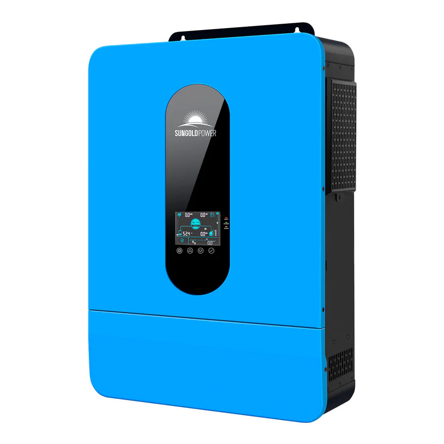 A blue Sungold Power solar inverter features a black vertical display with a digital screen and control buttons, vented side panels for cooling, and is ideal for off-grid home systems compatible with most solar panels.
