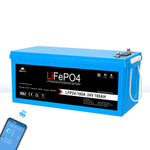 A blue Sungold Power 24V 100Ah LiFePO4 battery labeled “LFP24-100A 24V 100AH,” with metal terminals, a white handle, Bluetooth connectivity shown on a smartphone, and a built-in Battery Management System (BMS).
