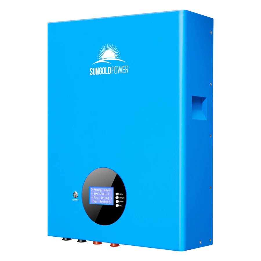 A blue Sungold Power inverter with a digital display and multiple ports at the bottom, designed for use with energy storage systems or 51.2V 100AH LFP lithium batteries, shown vertically against a white background.