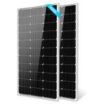 Two black Sungold Power monocrystalline solar panels with white grid lines and silver frames stand upright, slightly overlapping, each featuring a blue 100W label at the top.