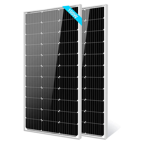 Two black Sungold Power monocrystalline solar panels with white grid lines and silver frames stand upright, slightly overlapping, each featuring a blue 100W label at the top.