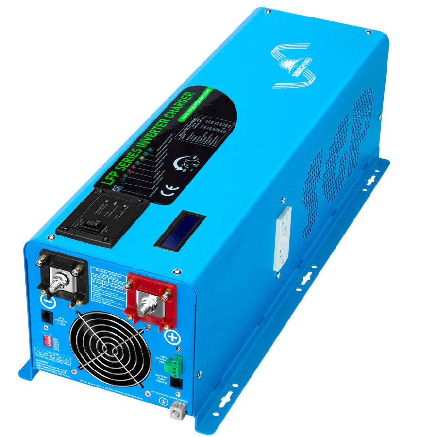 A blue Sungold Power pure sine LFP series inverter features control switches, power ports, a cooling fan, and labeled indicators with white text and branding on its rectangular front panel.