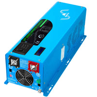 A blue Sungold Power pure sine LFP series inverter features control switches, power ports, a cooling fan, and labeled indicators with white text and branding on its rectangular front panel.