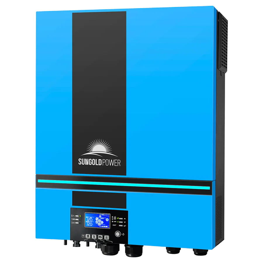 A Sungold Power blue and black pure sine wave solar inverter featuring a digital display, multiple buttons, and ports on the lower front panel, designed for use in solar energy systems.