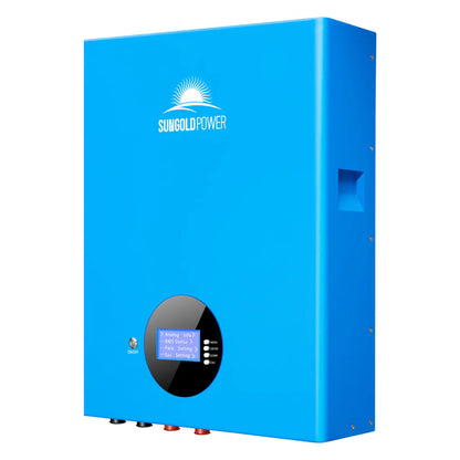 A blue Sungold Power inverter with a digital display and multiple input/output terminals at the bottom, ideal for sustainable energy systems such as Off-Grid Solar Kits.
