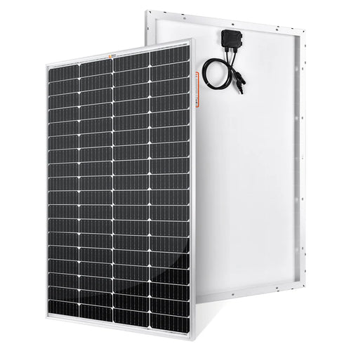 Two rectangular Rich Solar panels are shown: one highlights the high-efficiency black photovoltaic cells, and the other reveals the white back with an attached junction box and cables—perfect for off-grid use.