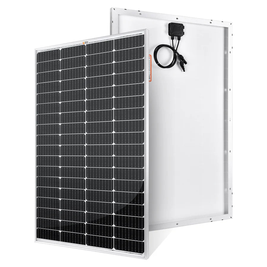 Two rectangular Rich Solar panels are shown: one highlights the high-efficiency black photovoltaic cells, and the other reveals the white back with an attached junction box and cables—perfect for off-grid use.