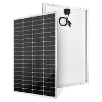 Two rectangular Rich Solar panels are shown: one highlights the high-efficiency black photovoltaic cells, and the other reveals the white back with an attached junction box and cables—perfect for off-grid use.