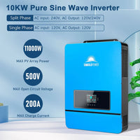 A blue Sungold Power Split Phase solar inverter, branded by Sungold Power, is wall-mounted with specs including 8K-10KW capacity, 11,000W max PV input, 500V open circuit voltage, and 200A max charge current.