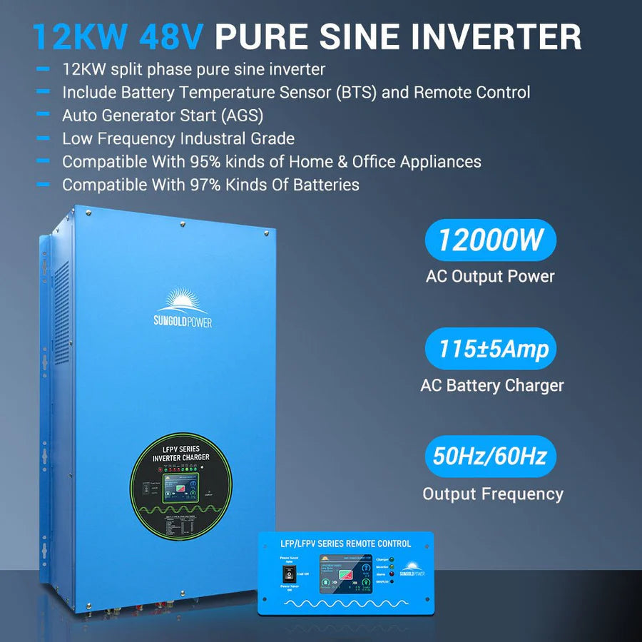 Sungold Power 12KW 48V blue pure sine inverter features split-phase 12000W AC output, 115±5A AC charger, 50Hz/60Hz frequency, and supports various battery types for off-grid living.