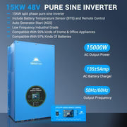 Blue 15KW 48V pure sine inverter with display panel. Text highlights features: 15000W output, 135±5Amp battery charge, 50Hz/60Hz output, industrial grade, battery temp sensor, remote control, and generator start.