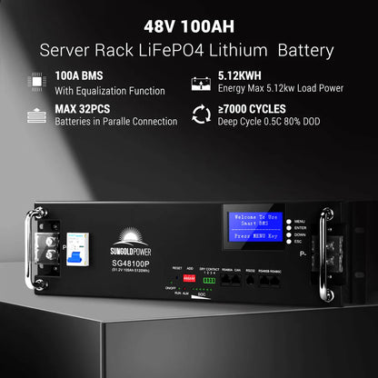 The Sungold Power 48V 100Ah server rack lithium battery features a digital display, power indicators, buttons, 100A BMS, 5.12kWh capacity, supports connecting up to 32 batteries, delivers over 7000 cycles—ideal for energy storage systems.