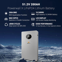 Promotional image for Sungold Power 51.2V 200Ah Powerwall battery, featuring a 200A BMS, 10.24kWh storage, LCD display, support for up to 32 parallel units, over 8000 cycles, and a 10-year warranty—ideal for home energy solutions.