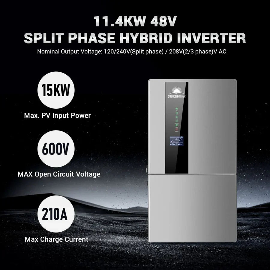 A Sungold Power silver split phase hybrid solar kit inverter is shown on a dark background, featuring 15kW max PV input, 600V open circuit voltage, 210A charge current, 11.4kW 48V output, and lithium battery storage.