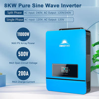 A blue Sungold Power Solar Inverter is wall-mounted, showing specs like 8KW capacity, 8K-10KW split phase, 11000W max PV array power, and a mention of the Users Manual.
