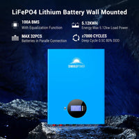 The Sungold Power wall-mounted 51.2V 100AH LFP lithium battery features a 100A BMS, 5.12kWh energy, supports up to 32 batteries in parallel, and offers over 7000 cycles at 80% DOD—ideal for energy storage systems.