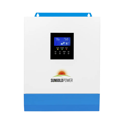 A white and blue Sungold Power 3000W solar inverter features a digital display, control buttons, and indicator lights on the front. The Sungold Power logo with a sun is below the screen—perfect for off-grid power systems.