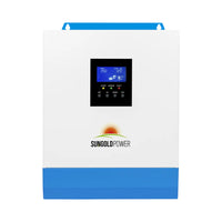 A white and blue Sungold Power 3000W solar inverter features a digital display, control buttons, and indicator lights on the front. The Sungold Power logo with a sun is below the screen—perfect for off-grid power systems.