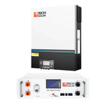 A white Rich Solar pure sine wave inverter with a detachable LCD module is mounted above a white Rich Solar 48V 100Ah LiFePO4 battery. Both have digital displays, ports, and the Rich Solar logo on their front panels for easy monitoring.