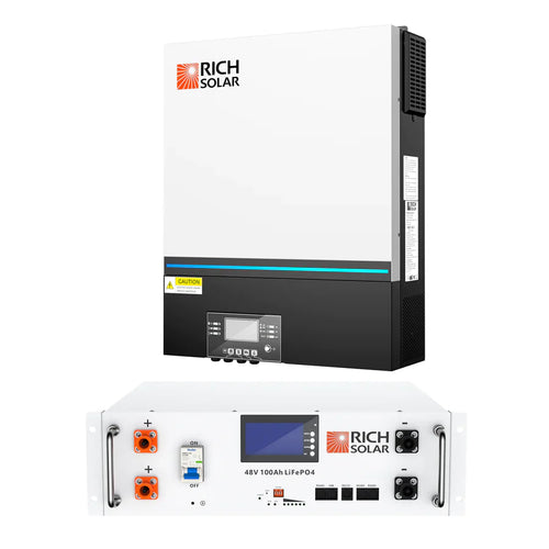 A white Rich Solar pure sine wave inverter with a detachable LCD module is mounted above a white Rich Solar 48V 100Ah LiFePO4 battery. Both have digital displays, ports, and the Rich Solar logo on their front panels for easy monitoring.