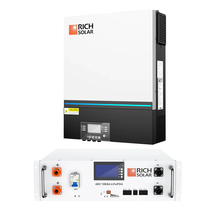 A white Rich Solar pure sine wave inverter with a detachable LCD module is mounted above a white Rich Solar 48V 100Ah LiFePO4 battery. Both have digital displays, ports, and the Rich Solar logo on their front panels for easy monitoring.