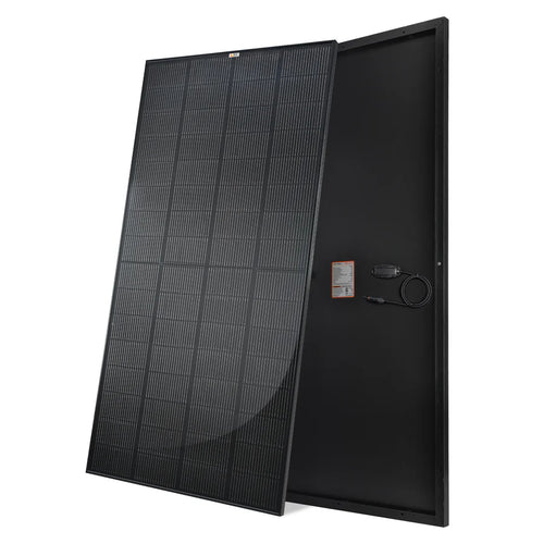 Two black rectangular Rich Solar panels are shown—one displays its anti-reflective coated glass and grid-like cell design, while the other shows the back with attached wiring and connector ports.