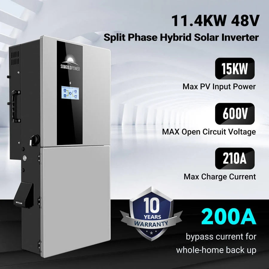 A silver and black 48V split phase hybrid inverter is shown with stats: 11.4KW solar inverter, 15KW max PV input, 600V max open circuit voltage, 210A max charge, 200A bypass, and a 10-year warranty badge—ideal for any off-grid hybrid solar system.