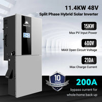 A silver and black 48V split phase hybrid inverter is shown with stats: 11.4KW solar inverter, 15KW max PV input, 600V max open circuit voltage, 210A max charge, 200A bypass, and a 10-year warranty badge—ideal for any off-grid hybrid solar system.