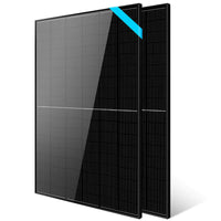 Two black 450W Sungold Power monocrystalline PERC solar panels stand upright side by side, featuring a grid pattern, reflective surface, and a blue diagonal strip on the top right—ideal for any off-grid system.