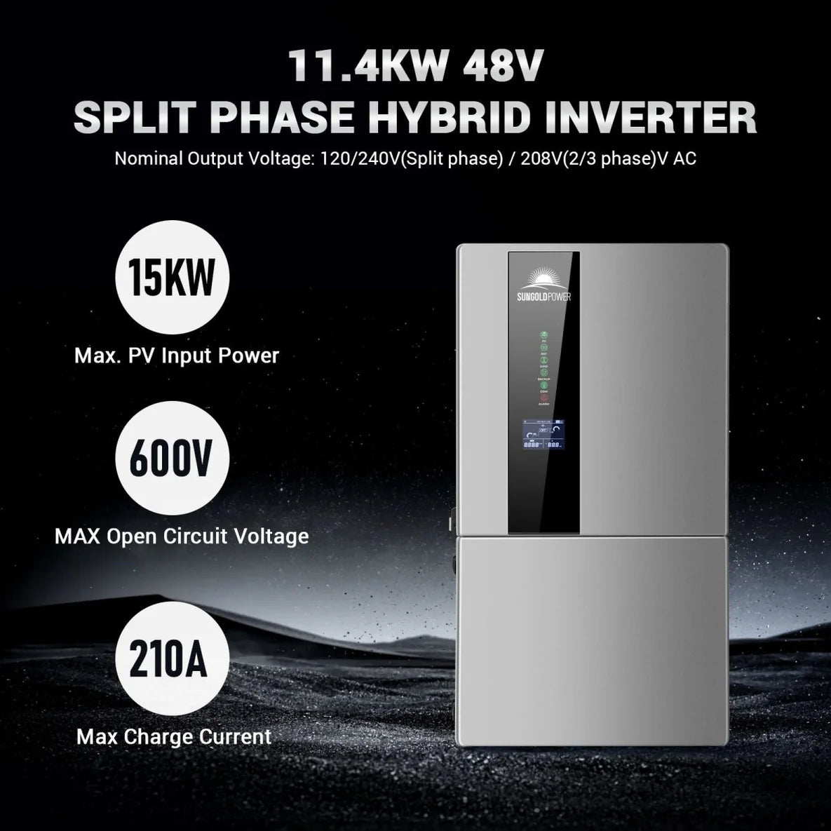 The Sungold Power 11.4kW 48V split phase hybrid inverter features 15kW max PV input, 600V open circuit voltage, and 210A max charge current—ideal for hybrid solar kits or pairing with a lithium battery bank.