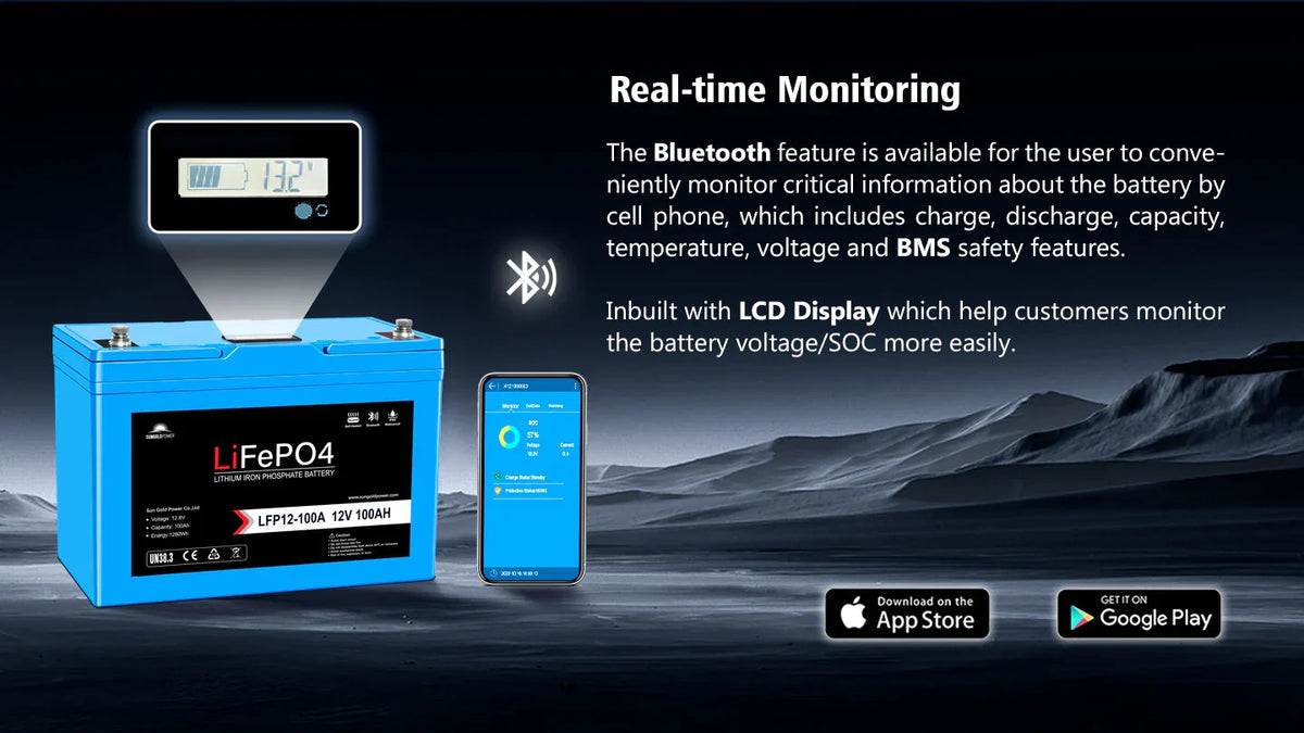 2 x SUNGOLDPOWER 12V 100AH LIFEPO4 DEEP CYCLE LITHIUM BATTERIES / BLUETOOTH /SELF-HEATING / IP65
