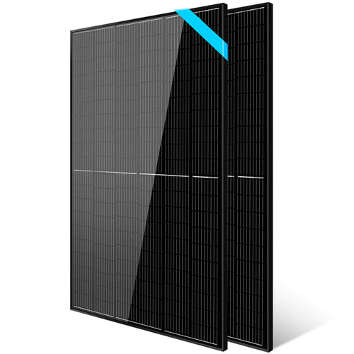 Two upright, overlapping Sungold Power monocrystalline panels feature black, rectangular designs with efficient PERC cells in a grid pattern. One panel has a shiny surface and a blue diagonal stripe in the top right corner.